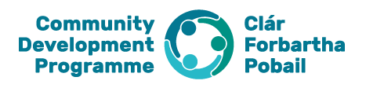 Community Development Programme logo with circular figures in centre in shades of green and blue, Clar Forbartha Pobail